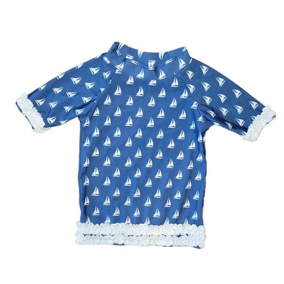 Ruffle Butts Nautical Blue White Sailboat Rashguard Swimsuit Bathing Top 18-24M - Picture 1 of 6
